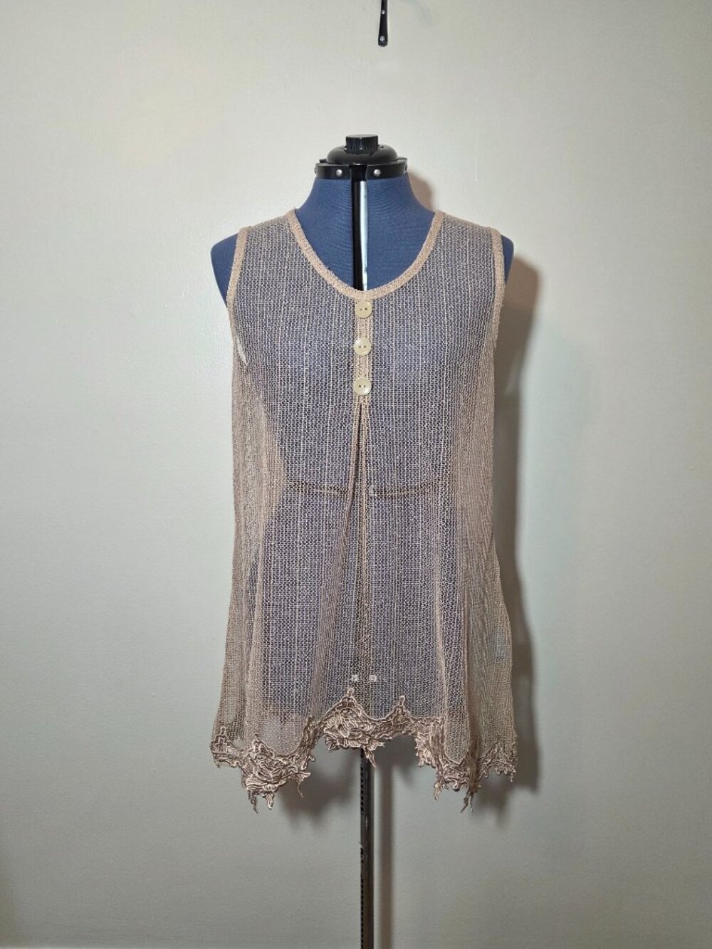 Simply Noelle Sparkly Khaki Mesh Lace Tank Top Y2K